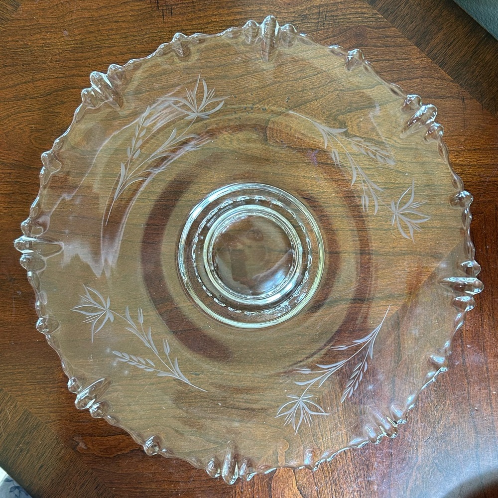 Vintage glass footed cake plate with flower etching and detailed border